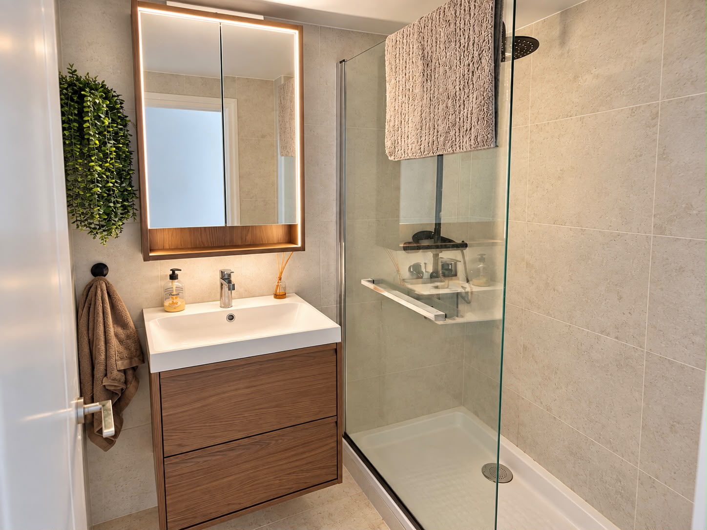 Baño con ducha y mueble de madera